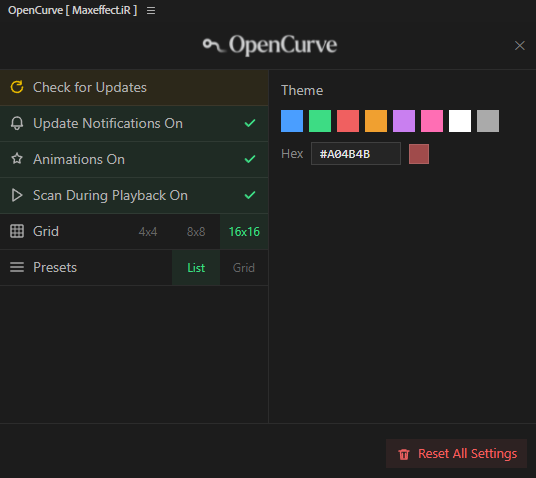 تنظیمات پنل OpenCurve در محیط پریمیر